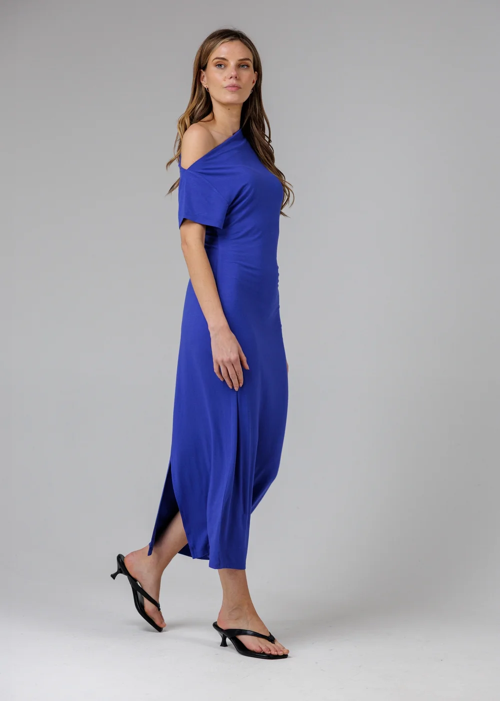 French Connection Blue Ruched Boat Neck Short Sleeve Midi Dress - 16 Image 4