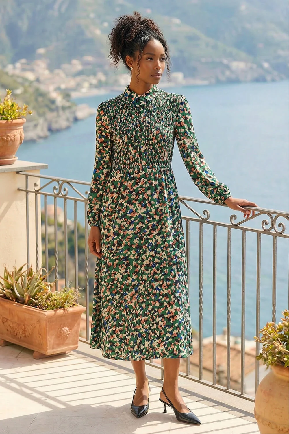 Roman Green Speckled Print Shirred Midi Dress - 18 Roman Green Speckled Print Shirred Midi Dress - 18