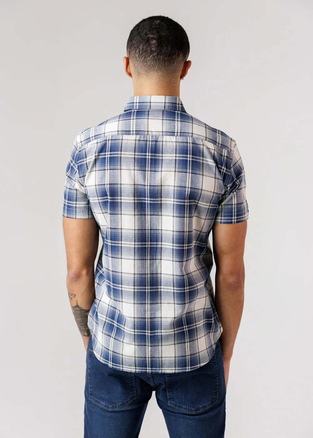 French Connection Blue Cotton Short Sleeve Checked Chest Pocket Shirt - XL Image 2