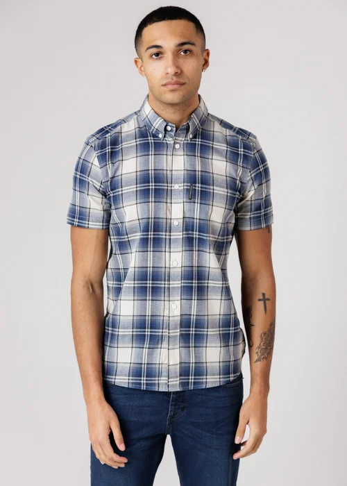 French Connection Blue Cotton Short Sleeve Checked Chest Pocket Shirt - XL Image 1