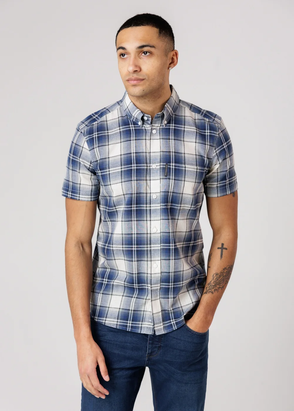 French Connection Blue Cotton Short Sleeve Checked Chest Pocket Shirt - XL Image 3