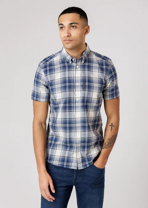 French Connection Blue Cotton Short Sleeve Checked Chest Pocket Shirt - XL Image 3
