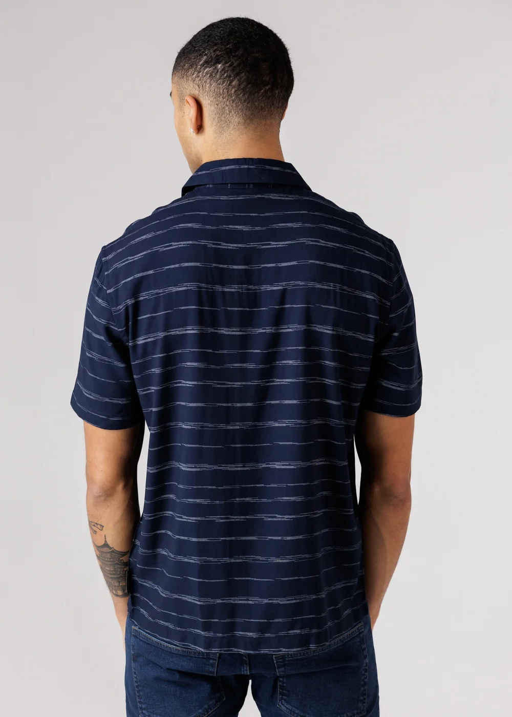 French Connection Navy Horizontal Stripe Print Short Sleeve Shirt - S Image 2