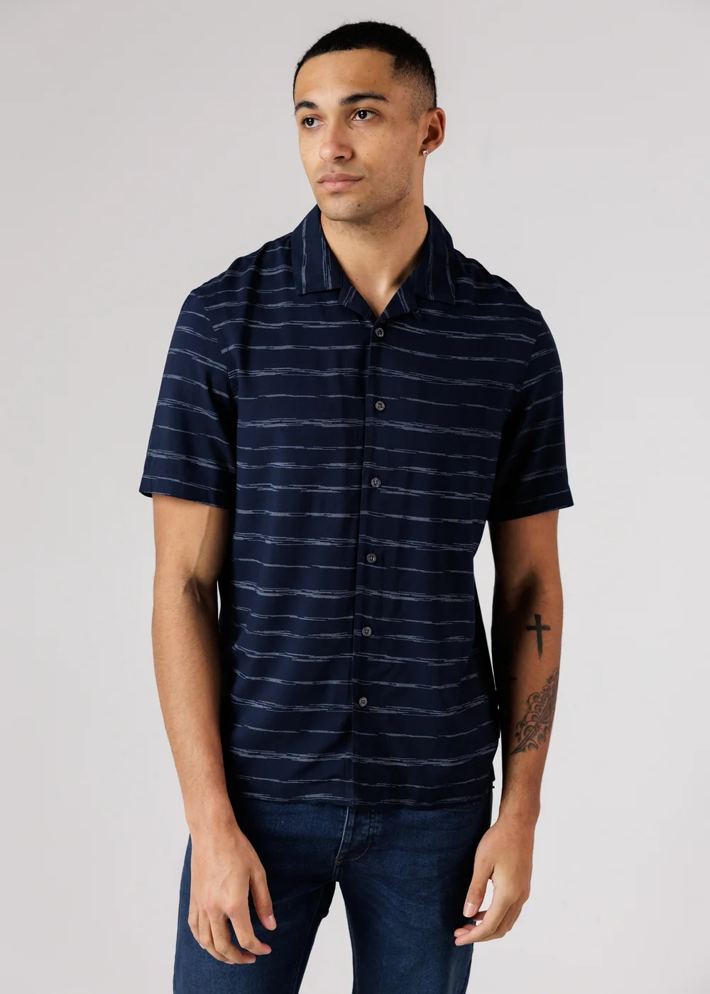 French Connection Navy Horizontal Stripe Print Short Sleeve Shirt - S Image 1