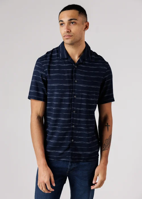 French Connection Navy Horizontal Stripe Print Short Sleeve Shirt - S Image 1