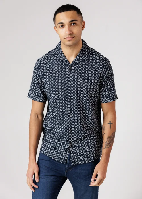 French Connection Navy Square Floral Print Short Sleeve Shirt - 2XL Image 1