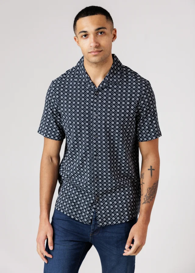 French Connection Navy Square Floral Print Short Sleeve Shirt