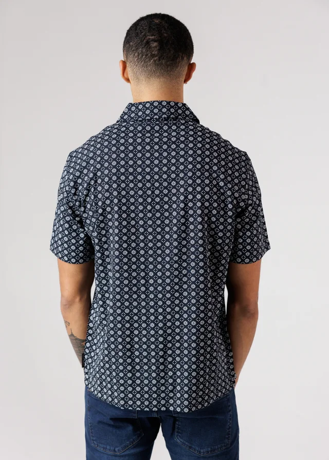 French Connection Navy Square Floral Print Short Sleeve Shirt