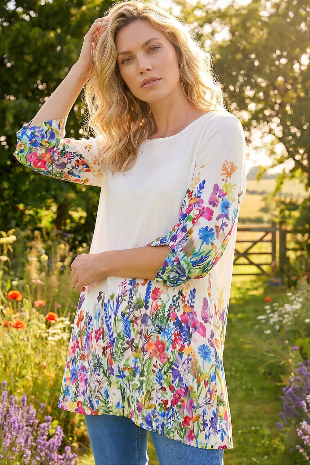 Roman Ivory Floral Border Print Tunic Top - 14 Image 2