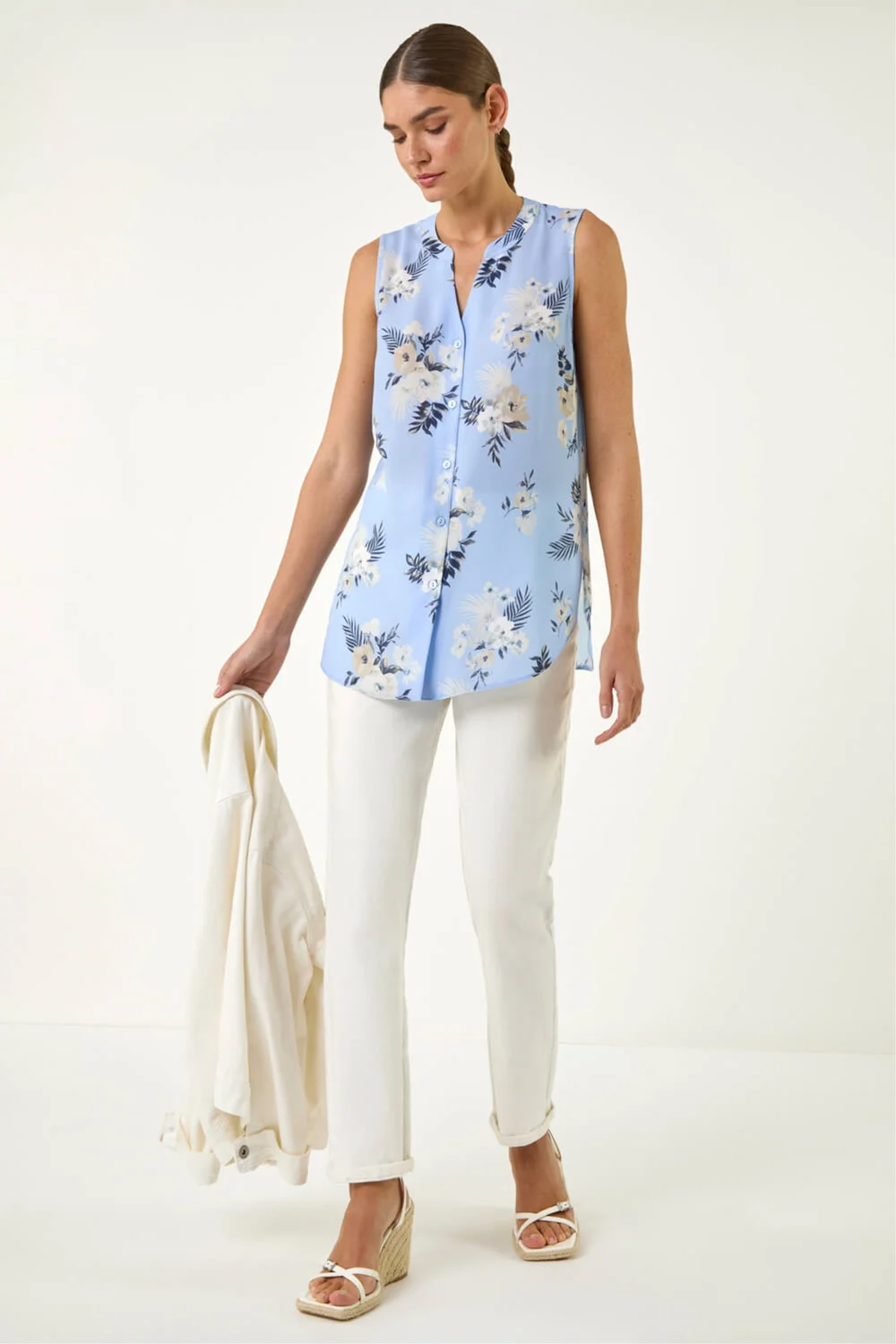 Roman Blue Floral Print Longline Blouse - 18 Image 1