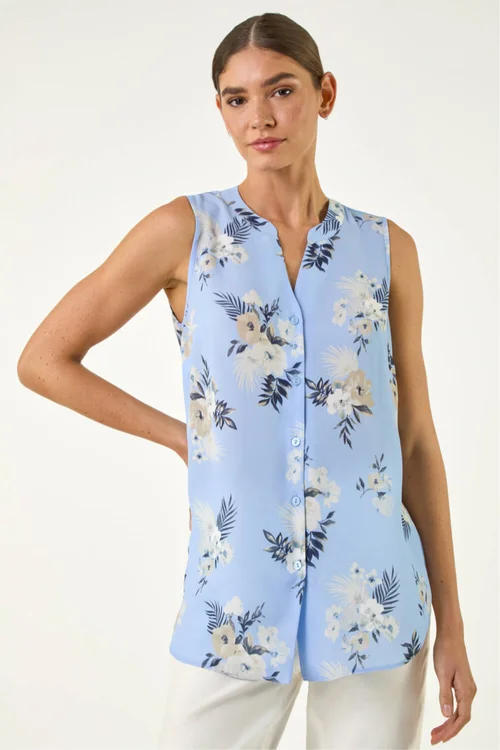 Roman Blue Floral Print Longline Blouse - 18 Image 2
