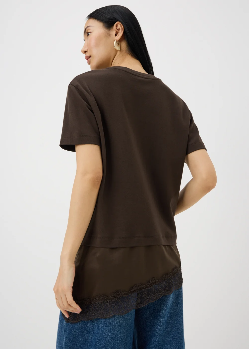 Chocolate Brown Satin Lace Hem T-Shirt - Size 8 Image 2