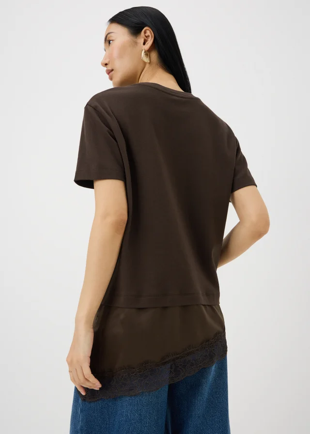 Chocolate Brown Satin Lace Hem T-Shirt