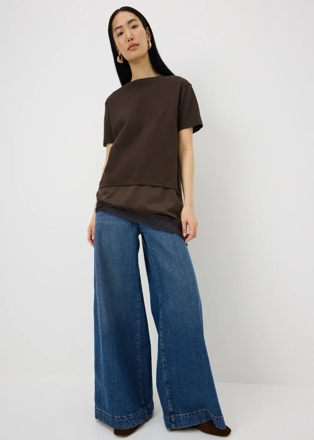 Chocolate Brown Satin Lace Hem T-Shirt - Size 8 Image 1