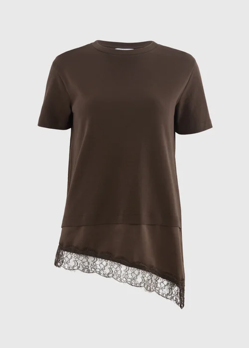 Chocolate Brown Satin Lace Hem T-Shirt - Size 8 Image 4