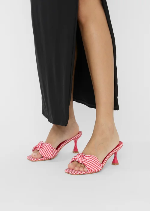 Public Desire Soleil Red Gingham Bow Mule Square Toe Mid Heels - Size 3 Image 5