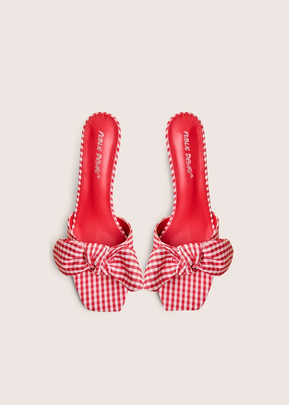 Public Desire Soleil Red Gingham Bow Mule Square Toe Mid Heels - Size 3 Image 2