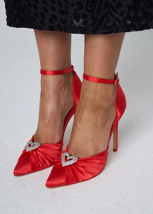 Public Desire Meant To Be Red Satin Diamante Heart Court Stiletto Heel - Size 7 Image 1