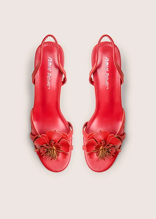 Public Desire Red Hot Red Pu 3d Flower Sling Back Mid Heels - Size 7 Image 2