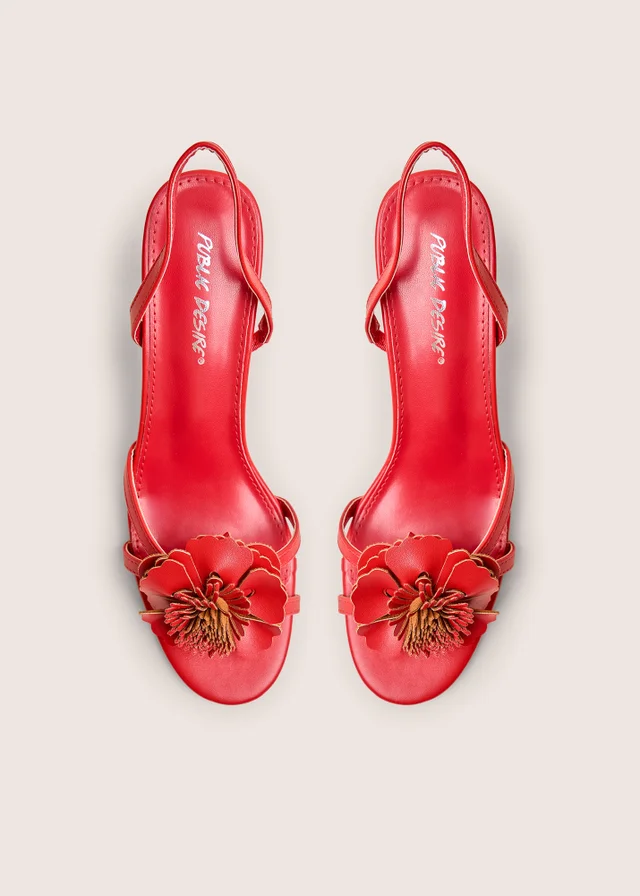 Public Desire Red Hot Red Pu 3d Flower Sling Back Mid Heels