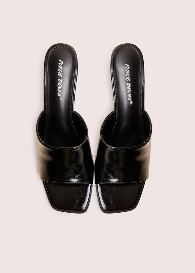 Public Desire Romi Black Patent Mule Square Toe Flared Block Mid Heels