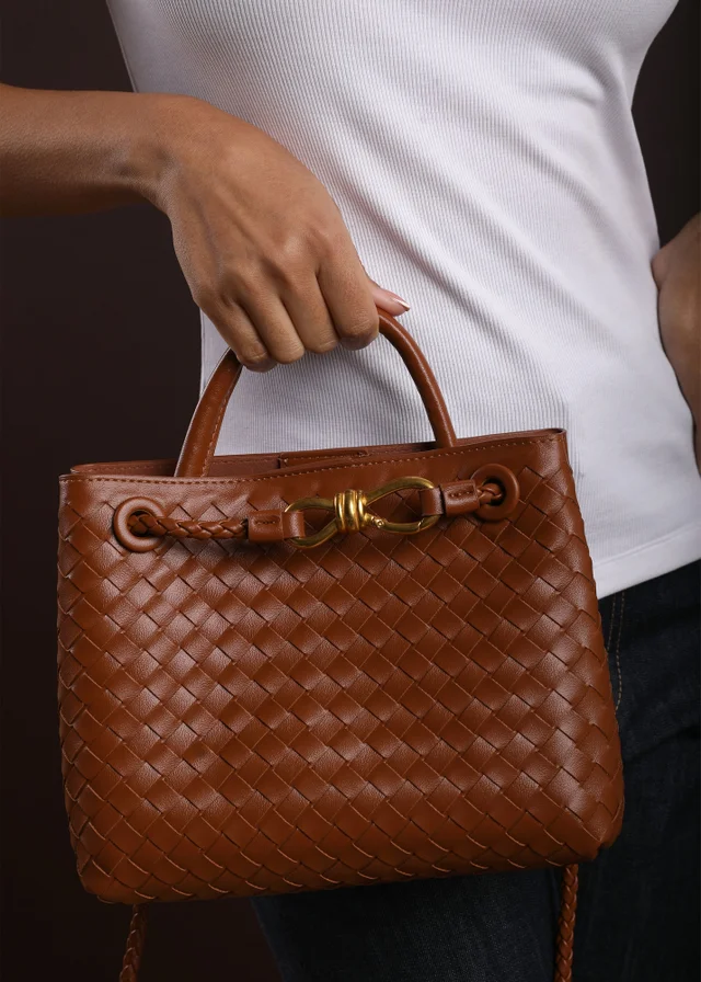 Where's That From Luna Woven Leather Tote Bag With Gold Detail In Tan Faux Leather