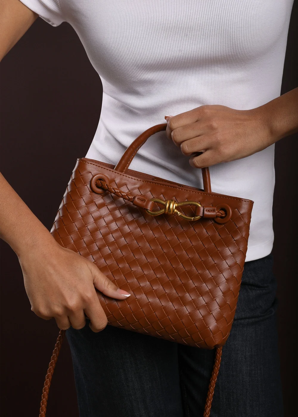 Where's That From Luna Woven Leather Tote Bag With Gold Detail In Tan Faux Leather - One Size Image 3