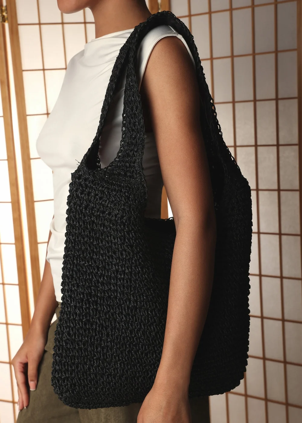 Where's That From Islet Slouchy Black Raffia Shoulder Bag - One Size Image 1