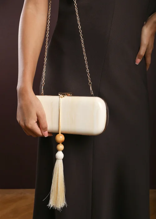 Where's That From Falcon Marble Finish Tassel Clutch Bag In White Gold - One Size Image 6