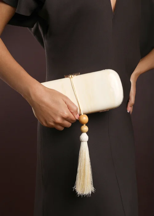 Where's That From Falcon Marble Finish Tassel Clutch Bag In White Gold - One Size Image 1