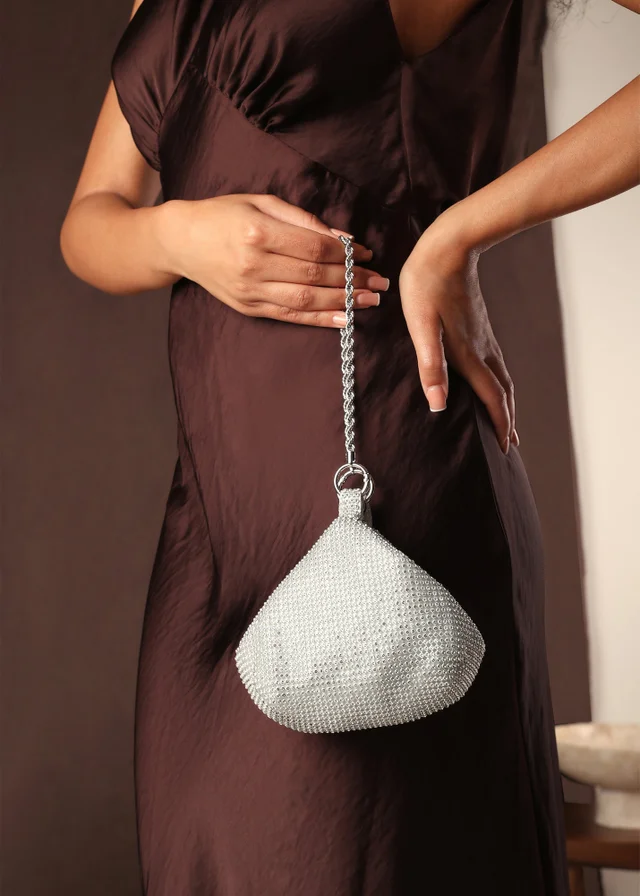 Where's That From Lore Silver Diamante Pouch Bag With Chain Detail Handle