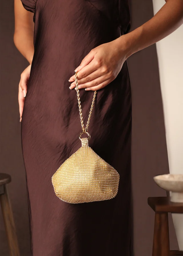 Where's That From Lore Gold Diamante Pouch Bag With Chain Detail Handle