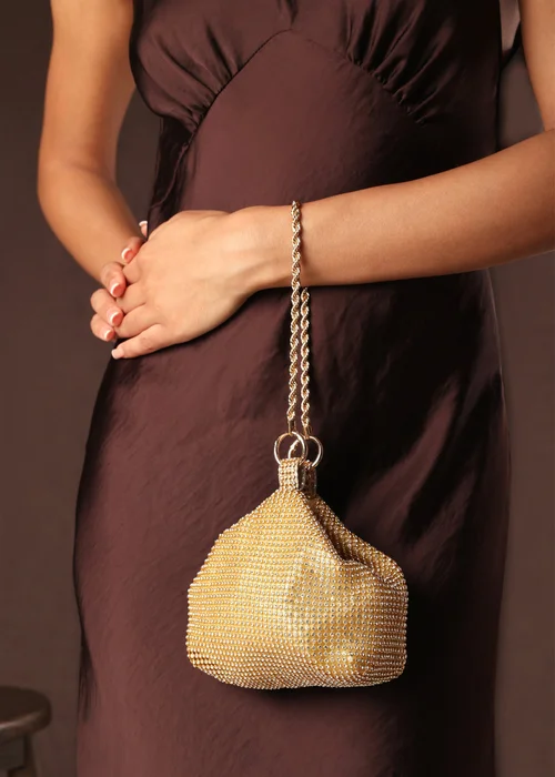 Where's That From Lore Gold Diamante Pouch Bag With Chain Detail Handle - One Size Image 6
