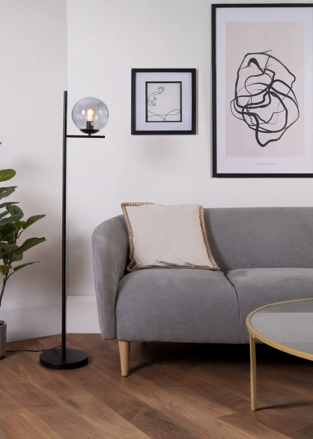 ValueLights Clarke Matt Black Metal Floor Lamp with Glass Globe Shade