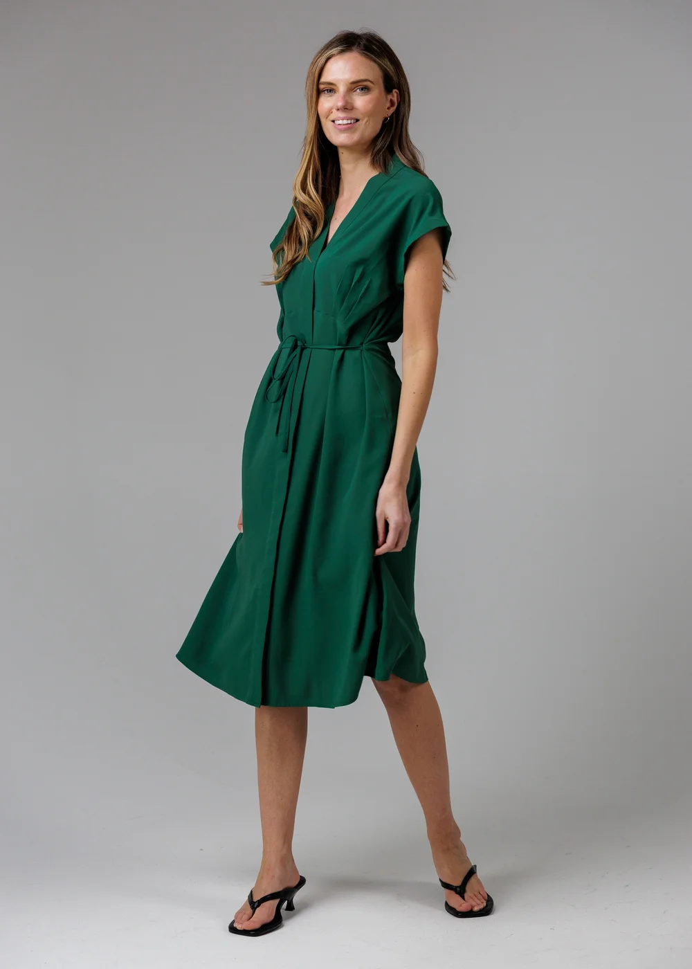 French Connection Green V-Neck Cap Sleeve Crepe Midi Dress - 16 Image 1