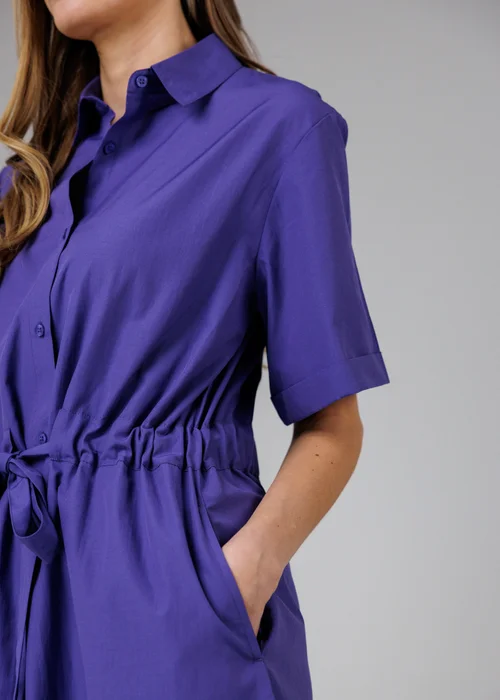 french connection blue shirt dress French Connection Cotton blend short sleeve tie waist poplin midi shirt dress in blue