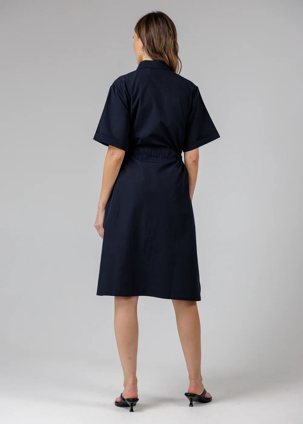French Connection Navy Cotton Blend Short Sleeve Tie Waist Poplin Midi Shirt Dress - 10 Image 2