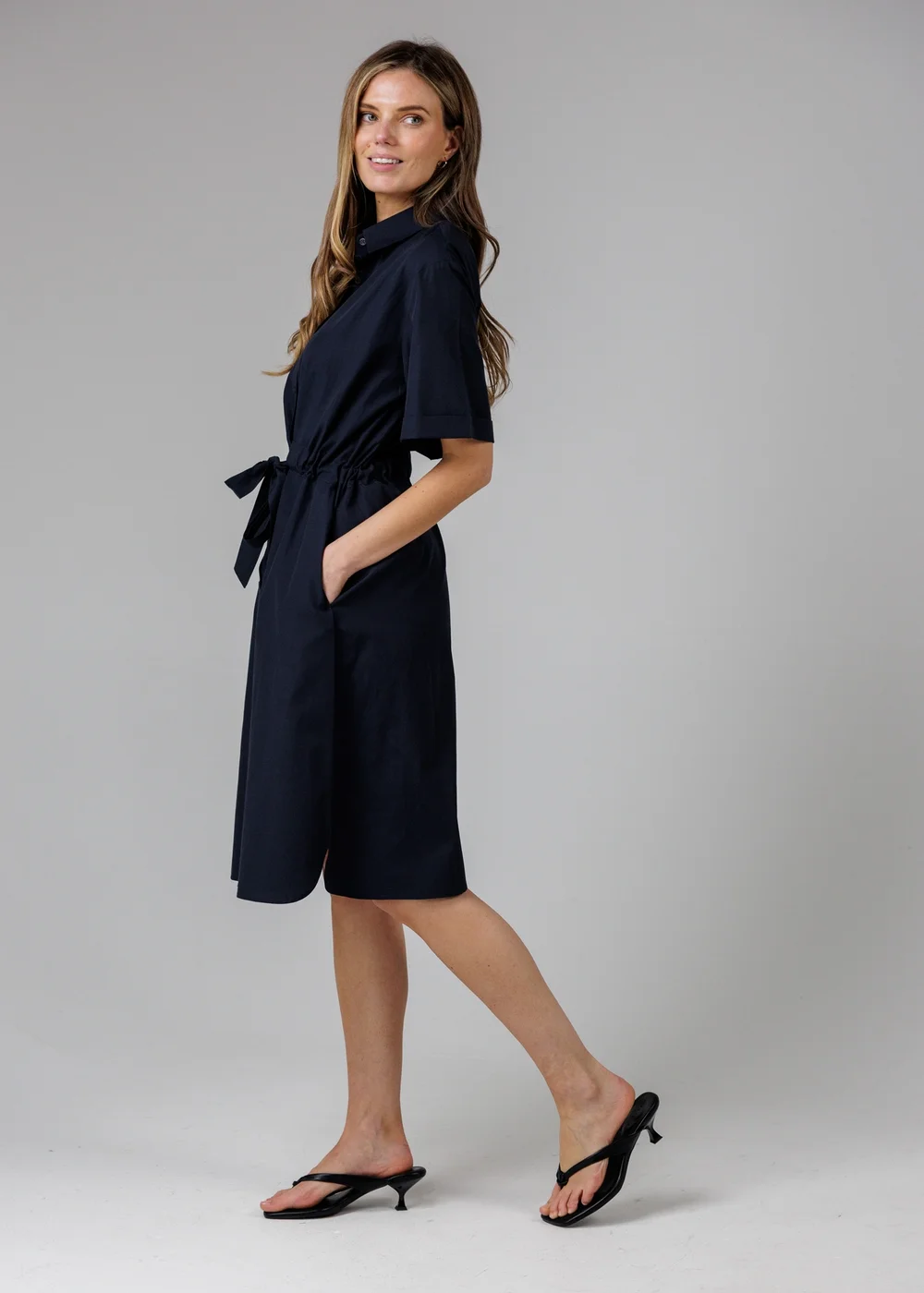 French Connection Navy Cotton Blend Short Sleeve Tie Waist Poplin Midi Shirt Dress - 10 Image 4