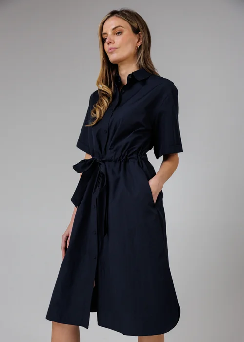 French Connection Navy Cotton Blend Short Sleeve Tie Waist Poplin Midi Shirt Dress - 10 Image 3