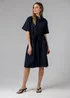 French Connection Navy Cotton Blend Short Sleeve Tie Waist Poplin Midi Shirt Dress - 10 Image 1