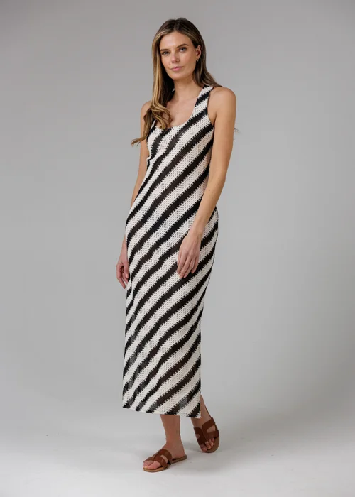 French Connection Black Cotton Blend Stripe Crochet Scoop Neck Tie Back Midi Dress - L Image 5