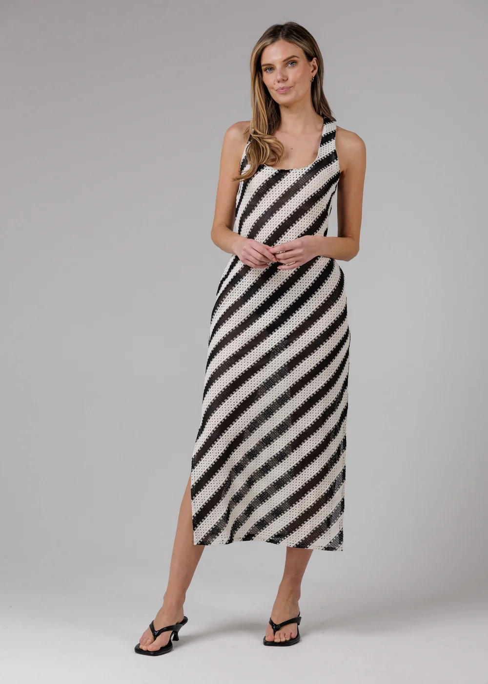 French Connection Black Cotton Blend Stripe Crochet Scoop Neck Tie Back Midi Dress - L Image 1