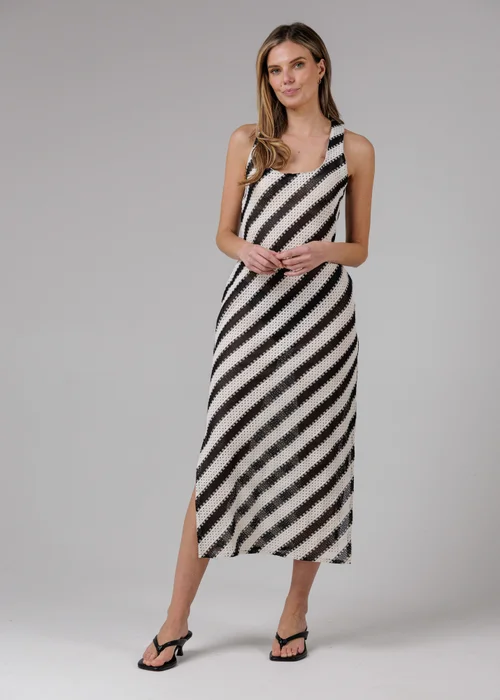 French Connection Black Cotton Blend Stripe Crochet Scoop Neck Tie Back Midi Dress - L Image 1