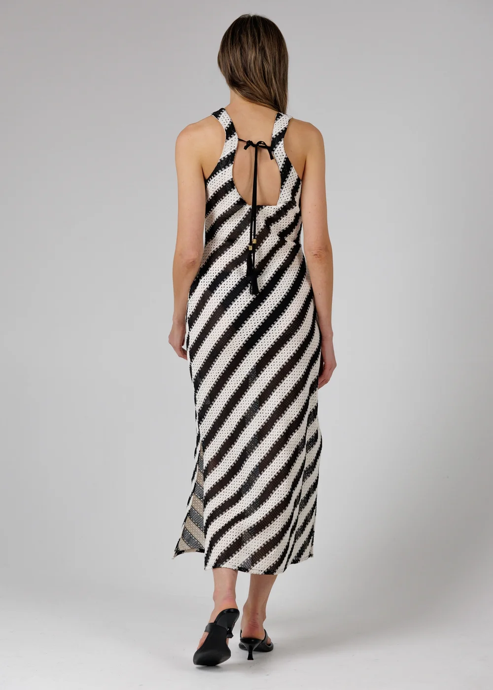 French Connection Black Cotton Blend Stripe Crochet Scoop Neck Tie Back Midi Dress - L Image 2