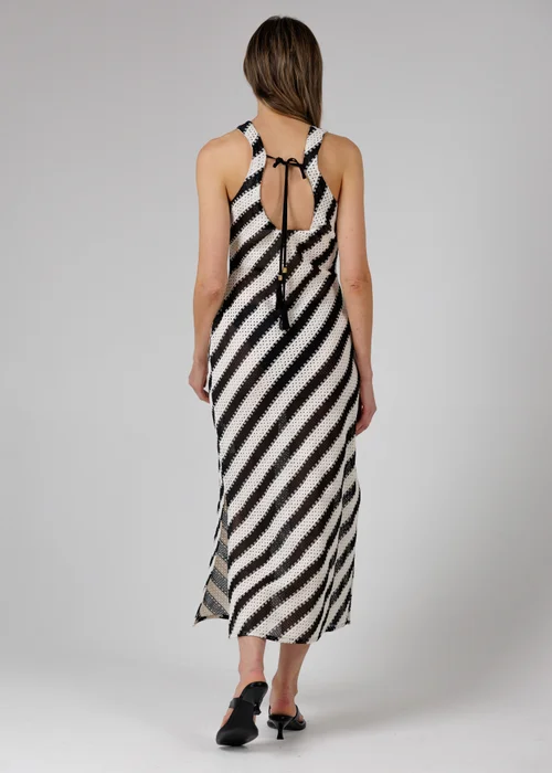 French Connection Black Cotton Blend Stripe Crochet Scoop Neck Tie Back Midi Dress - L Image 2