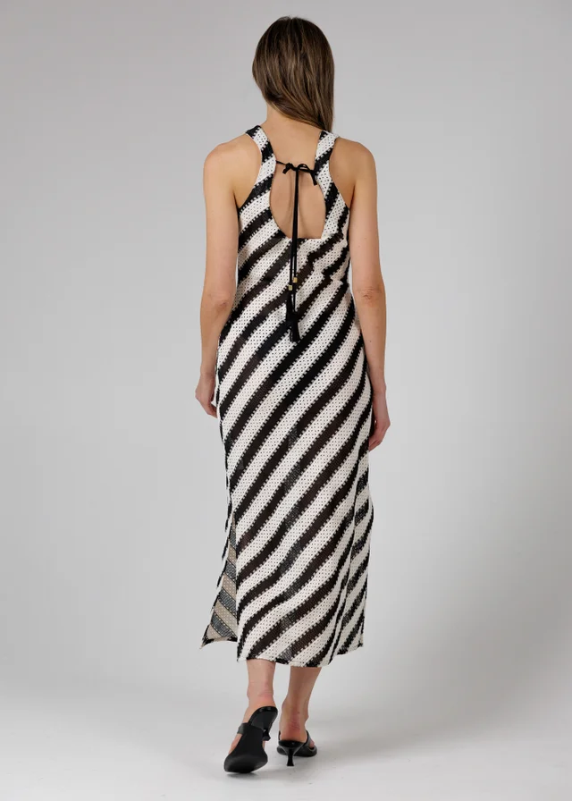 French Connection Black Cotton Blend Stripe Crochet Scoop Neck Tie Back Midi Dress