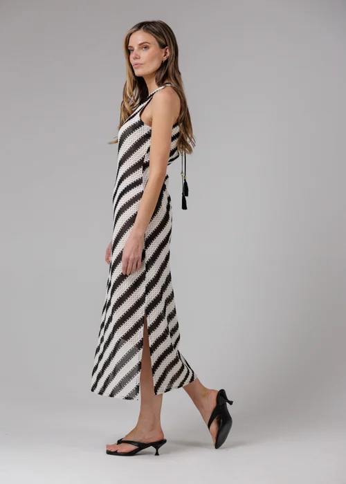 French Connection Black Cotton Blend Stripe Crochet Scoop Neck Tie Back Midi Dress - L Image 4