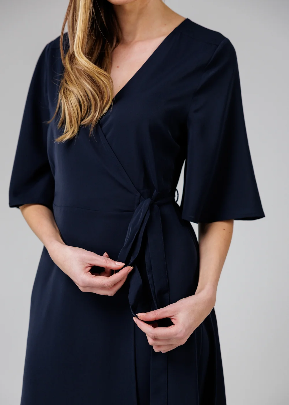 French Connection Navy V- Neck Bell Sleeve Wrap Tie Crepe Midi Dress - 14 Image 3