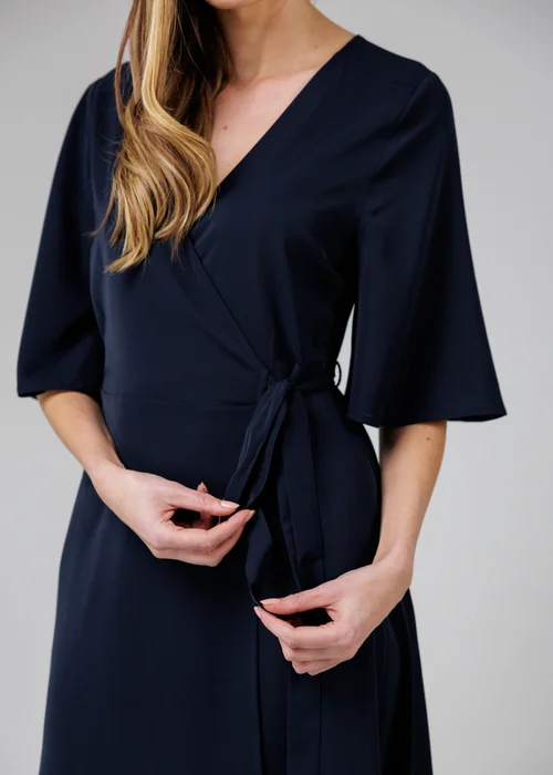 French Connection Navy V- Neck Bell Sleeve Wrap Tie Crepe Midi Dress - 14 Image 3