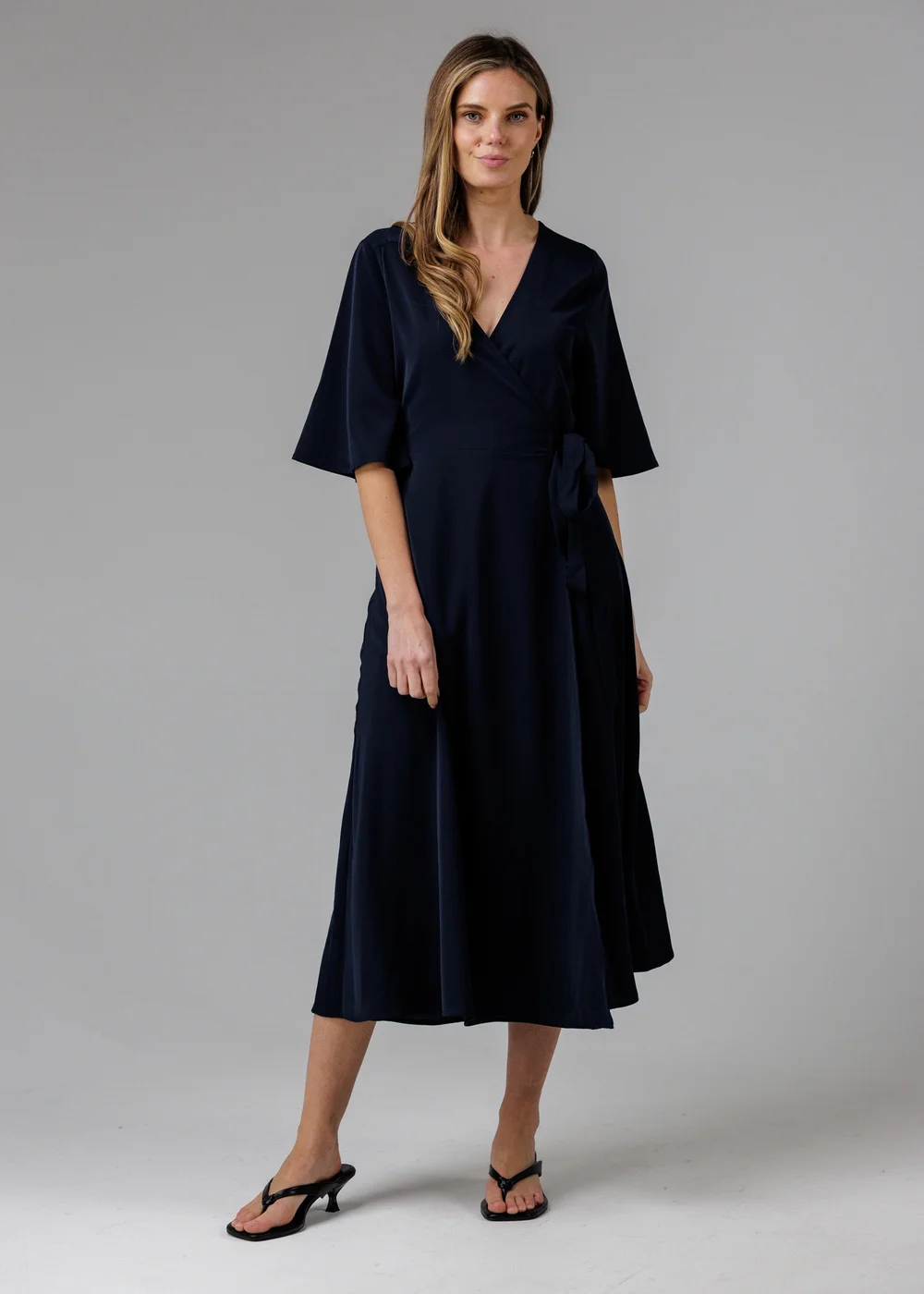 French Connection Navy V- Neck Bell Sleeve Wrap Tie Crepe Midi Dress - 14 Image 1